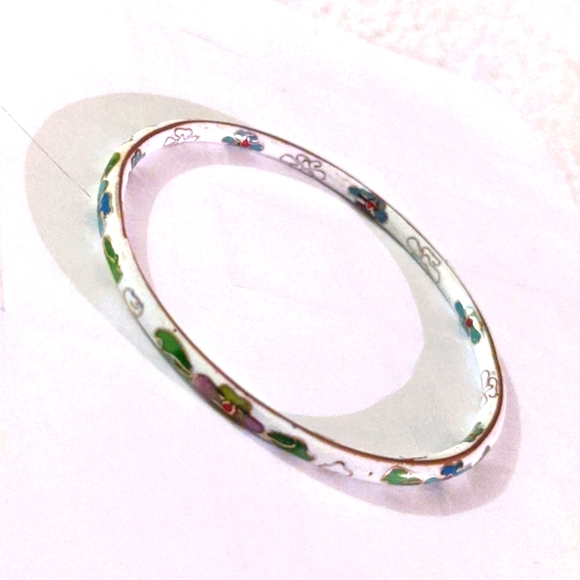 Vintage Chinese Cloisonne White Floral Bangle Bracelet 4mm 2.6 inches - Picture 4 of 6
